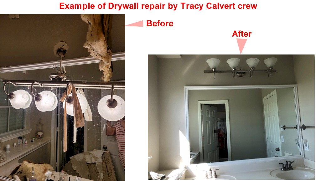 Before and After images of dryall repaired by Tracy Calvert's crew following major water damage from from the 2021 Texas Freeze. Images Copyright © 2021 Brad Larkin