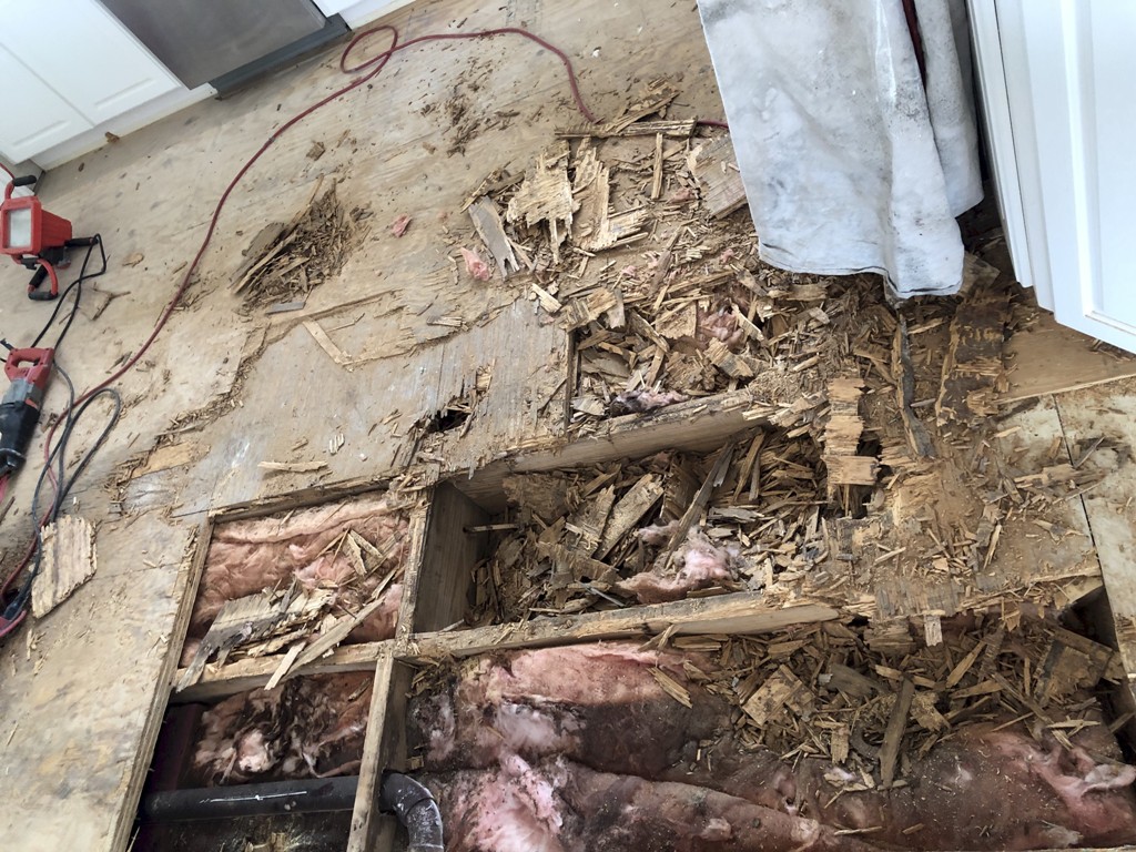 Image of exposed subfloor in a Galveston beach house showing extensive dryrot. Tracy Calvert's team replaced and repaired the bad portions prior to modern flooring being installed. Image Copyright © 2021 Brad Larkin