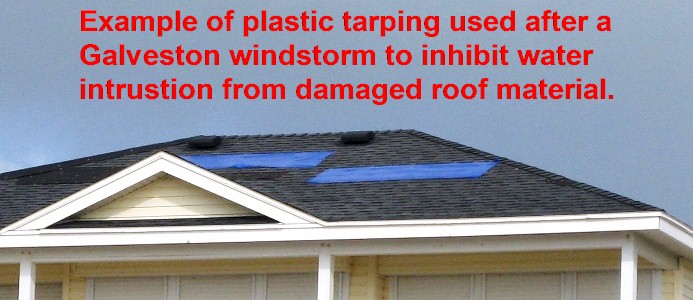 Image of plastic tarping used after a Galveston windstorm to inhibit water intrustion from a damaged roof.  Image Copyright © 2008 Brad Larkin