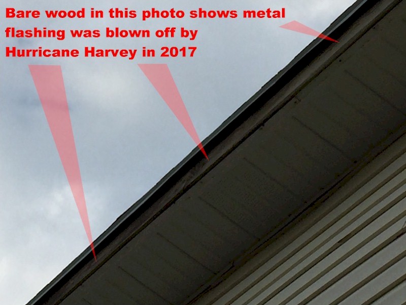 Bare wood in this photo shows metal flashing was blown off of a Galveston Beach House by Hurricane Harvey. Loose / rusty fasteners probably contributed to the casualty. Image Copyright © 2017 Brad Larkin